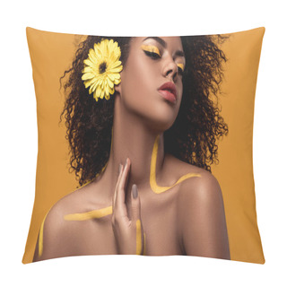 Personality  Stylish African American Woman With Artistic Make-up And Gerbera In Hair Tenderly Touches Her Skin Isolated On Orange Background Pillow Covers