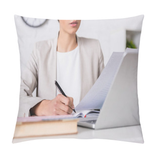 Personality  Cropped View Of Translator Writing In Notebook While Holding Document Near Laptop, Blurred Foreground Pillow Covers