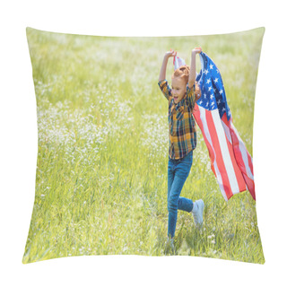 Personality  Happy Child Running In Field With American Flag In Hands Pillow Covers