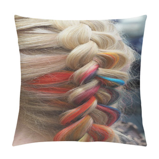 Personality  Rainbow Hair In A Braid. Braiding Close Up. Pillow Covers