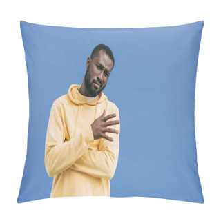 Personality  Skeptical Young African American Man Gesturing By Hand Isolated On Blue Background Pillow Covers