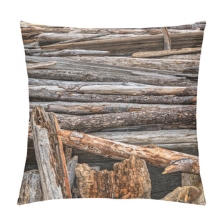 Personality  Drift Wood That Washed Ashore On The Beach Has Been Used For A Shelter Or Hut And Seen As Close Up Pillow Covers