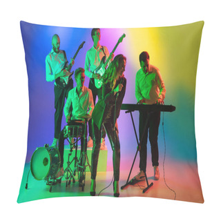 Personality  Young Caucasian Musicians, Band Playing On Gradient Background In Neon Light. Concept Of Music, Hobby, Festival Pillow Covers