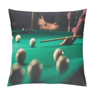 Personality  Side View Of Cropped Man Playing In Russian Pool At Bar Pillow Covers