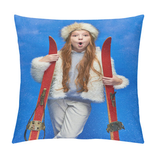 Personality  Winter Sport, Shocked Preteen Girl In Faux Fur Jacket And Hat Holding Skis On Turquoise Background Pillow Covers