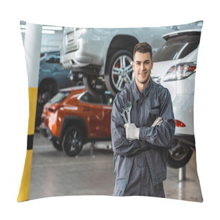 Personality  Smiling Mechanic Looking At Camera While Standing With Crossed Arms And Holding Wrenches Pillow Covers