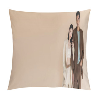 Personality  Young Interracial Couple In Trendy Suits Standing With Hands In Pockets Isolated On Beige, Banner Pillow Covers