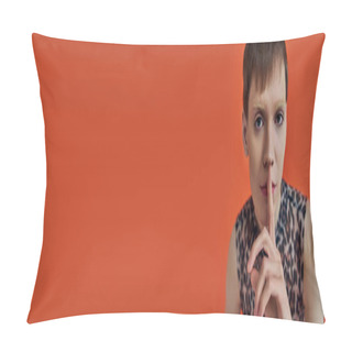 Personality  Androgynous Person In Leopard Print Outfit, Hush Sign On Orange Backdrop, Queer Fashion, Banner Pillow Covers