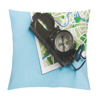 Personality  Retro And Black Compass On Map On Blue  Pillow Covers