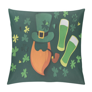 Personality  Top View Of Paper Decoration Of Smoking Leprechaun With Green Beer For St Patricks Day Isolated On Green Pillow Covers