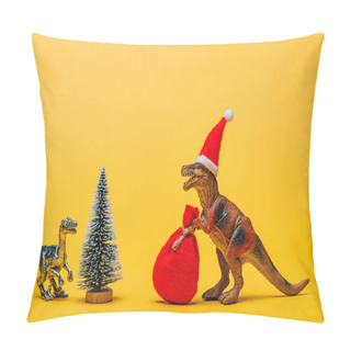 Personality  Toy Dinosaurs With Santa Hat And Sack Beside Pine On Yellow Background Pillow Covers