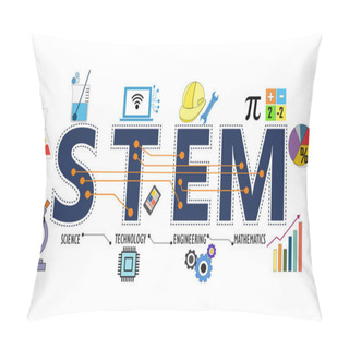 Personality   Illustration Of STEM - Science, Technology, Engineering, Mathematics Education Word Typography Design In Colorful Fun Theme With Icon Ornament Elements Pillow Covers