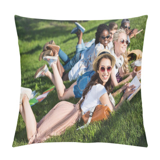 Personality  Multiethnic Students Reading Books In Park Pillow Covers