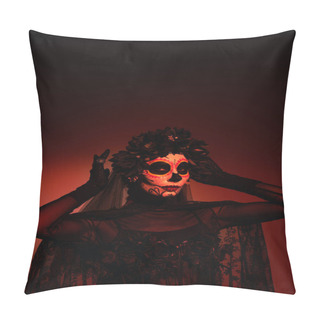 Personality  Woman In Santa Muerte Traditional Costume Adjusting Wreath On Burgundy Background With Red Lighting  Pillow Covers
