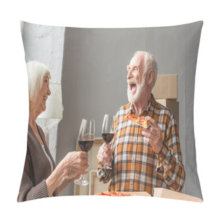 Personality  Laughing Senior Man Holding Piece Of Pizza And Looking At Wife While Holding Glasses Of Wine  Pillow Covers