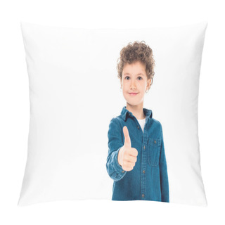 Personality  Front View Of Smiling Kid In Denim Shirt Showing Thumb Up Isolated On White Pillow Covers