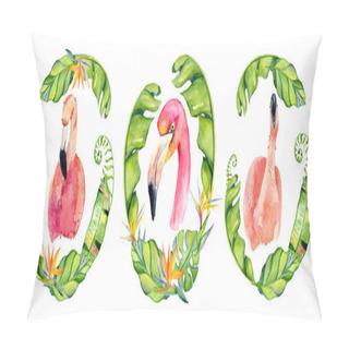 Personality  Pink Flamingo Watercolor Hand Drawn Illustration In Arrangement With Green Tropical Plants, Exotic Monstera And Banana Leafs Pillow Covers