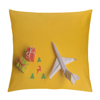 Personality  Group Of Paper Plane In One Direction And With One Individual Pointing In The Different Way On Yellow Background. Christmas Ttrip. Presents And Gifts Pillow Covers