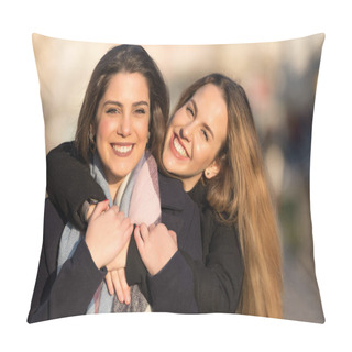 Personality  Young Pretty Girls Best Friends Smiling And Having Fun, Walking At The City. Shopping. Wearing Stylish Outerwear. Bright Make Up. Positive Emotions. Outdoors Lifestyle Fashion Close Up Portrait Pillow Covers