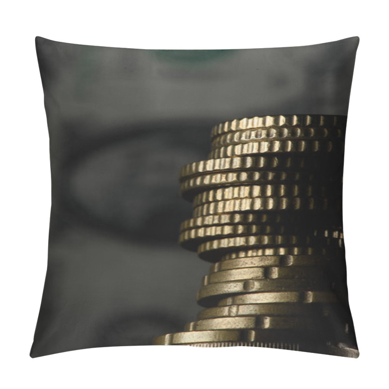 Personality  Selective Focus Of Stack Of Coins And Banknotes Isolated On Black Pillow Covers