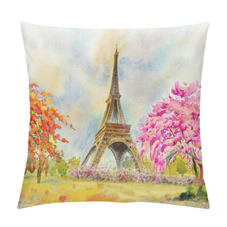 Personality  Paris European City Famous Landmark Of The World. France Eiffel Tower And Flower Pink, Red Color, Cherry Blossom In Garden, With Spring Season, Modern Art  Watercolor Painting Illustration, Copy Space Pillow Covers