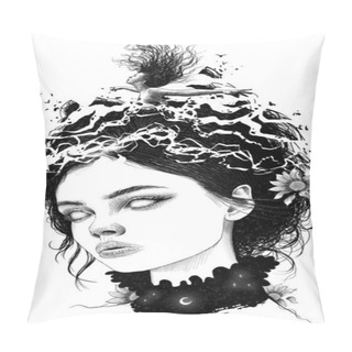 Personality  Portrait Of Sad Woman Digital Illustration, Rise Sketch With Flowers, Tattoo Design, Hand Drawn Concept Art. Pillow Covers