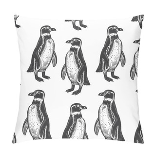 Personality  Seamless Pattern. Waterfowl Birds African Spectacled Penguins. Vector Illustration. Black Ink On White Background. Wild Life. Natural Motive Of Nature. Paper, Wallpaper, Textiles, Ornamental Covering. Pillow Covers