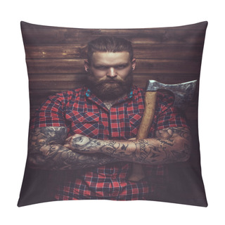 Personality  Brutal Man With Beard And Tattooe. Pillow Covers