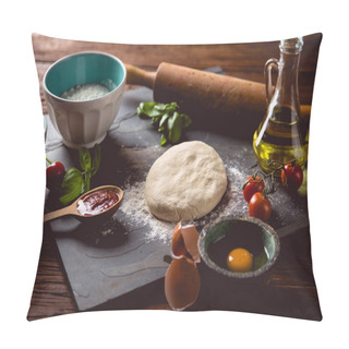 Personality  Dough With Flour On Wooden Table, Preparing Homemade Pizza Pillow Covers