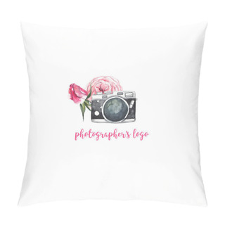 Personality  Photographer Logo On White Isolated Background. Beautiful Watercolor Illustration. Vintage Camera And Beautiful Flowers Pillow Covers