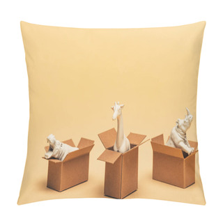 Personality  White Toy Hippopotamus, Rhinoceros And Giraffe In Cardboard Boxes On Yellow Background, Animal Welfare Concept Pillow Covers