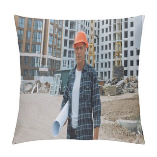 Personality  Middle Aged Builder Holding Blueprint And Standing On Construction Site Pillow Covers