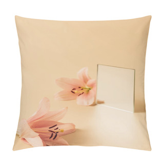 Personality  Two Lily Flowers And Mirror On Beige Table  Pillow Covers