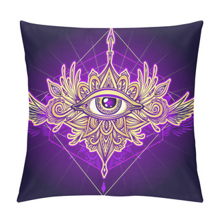 Personality  Abstract Symbol Of All-seeing Eye In Boho  Indian Asian Ethnic Style Gold On Violet For Decoration T-shirt Or For Other Things. Concept Magic Occultism Esoteric. Vector Icon Pillow Covers