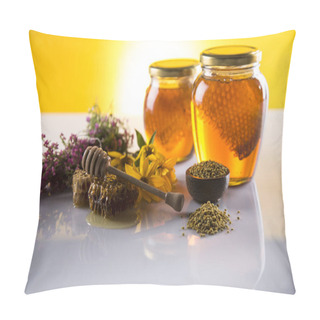 Personality  Honey In Jar With Honey Dipper On Wooden Background Pillow Covers