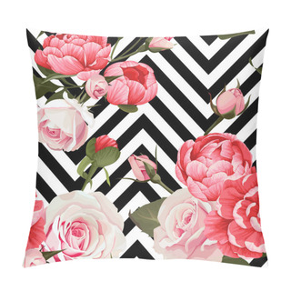 Personality  Peony And Roses Vector Seamless Pattern Floral Texture On A Black And White Chevron Background Pillow Covers