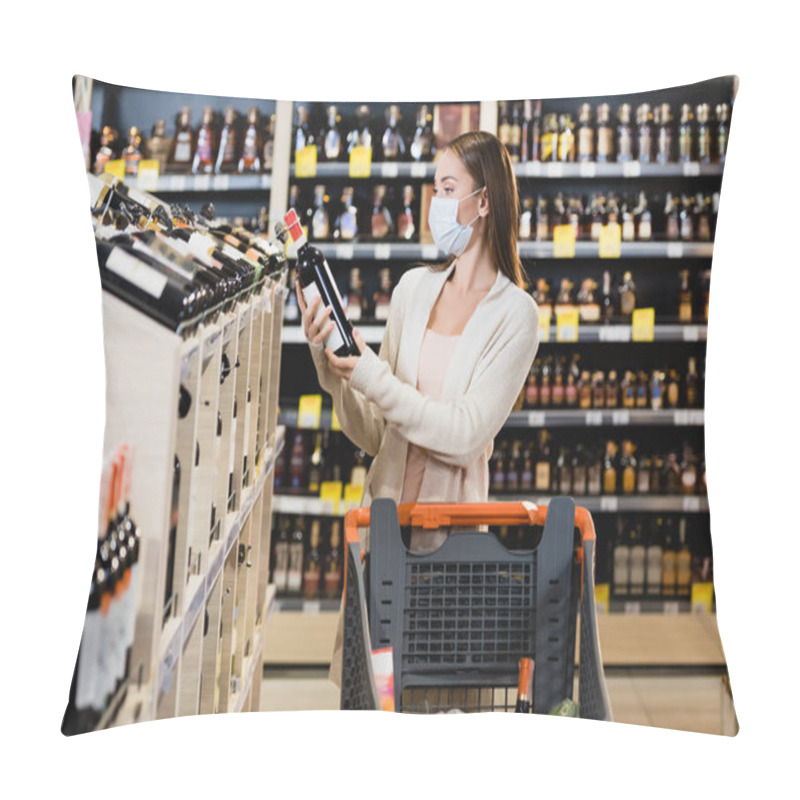 Personality  Woman In Medical Mask Holding Wine Bottle Near Shopping Cart In Supermarket  Pillow Covers