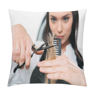 Personality  Cropped Image Of Hairdresser Trimming Ends Of Hair  Pillow Covers
