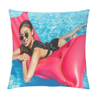 Personality  Smiling Asian Girl In Sunglasses Lying On Pink Inflatable Mattress In Swimming Pool Pillow Covers