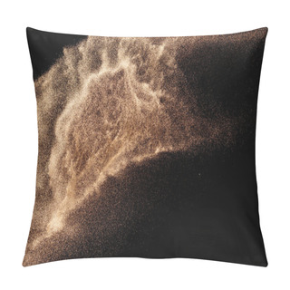 Personality  Brown Colored Sand Splash.Dry River Sand Explosion Isolated On Black Background. Abstract Sand Cloud. Pillow Covers