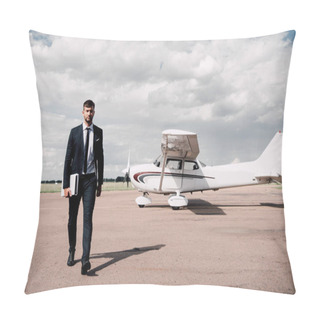 Personality  Full Length View Of Businessman In Formal Wear Holding Laptop And Map In Sunny Day Pillow Covers