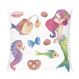 Personality  Hand Painted Cute Little Mermaid With Fishes And Sweets, Watercolor Illustration Clipart Set. Pillow Covers