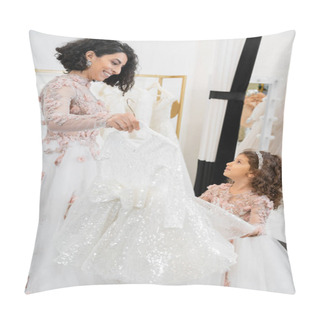 Personality  Happy And Brunette Middle Eastern Bride In Floral Wedding Gown Helping To Choose Dress For Her Little Daughter In Bridal Salon Around White Tulle Fabrics, Process Of Preparation, Togetherness  Pillow Covers