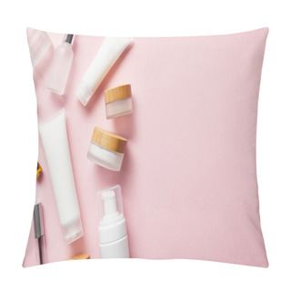 Personality  Top View Of Different Cosmetic Containers And Jasmine Flower On Pink  Pillow Covers