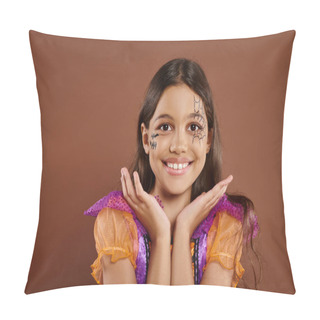 Personality  Cheerful Girl In Halloween Costume And Spiderweb Makeup Gesturing On Brown Backdrop, Trick Or Treat Pillow Covers