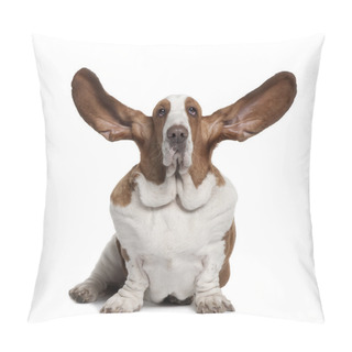 Personality  Basset Hound With Ears Up, 2 Years Old, Sitting In Front Of White Background Pillow Covers