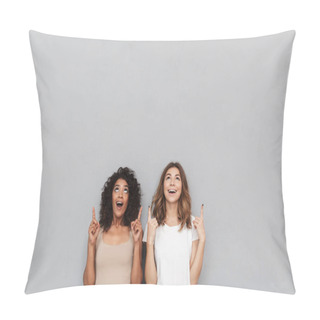Personality  Portrait Of Two Cheerful Young Women Standing Together And Pointing Up At Copy Space Isolated Over Gray Background Pillow Covers