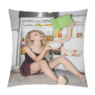 Personality  Sexy Blonde Girl In Velour Dress Pouring Cornflakes From Pack Into Bowl While Sitting On Floor Near Opened Fridge Pillow Covers