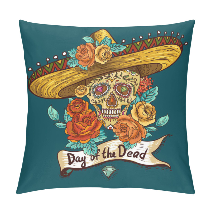 Personality  Floral Background with Skull in Sombrero pillow covers
