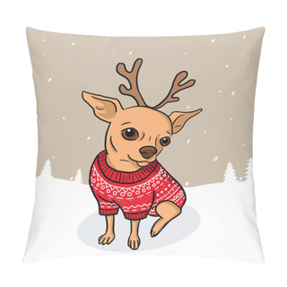 Personality  Christmas Chihuahua Dog Cartoon Illustration With Snow. Dog In Red Sweater And Deer Antlers On Snowy Background In Vector Pillow Covers